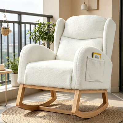 Chaise berçante berçante pour chambre de bébé, fauteuil berçant rembourré pour le salon, fauteuil à oreilles de loisirs, fauteuil berçant moderne Mid-Century avec poches latérales