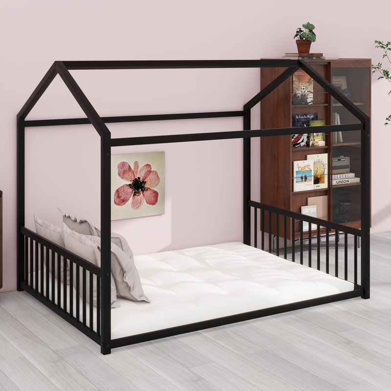 Montessori Floor Bed Frame With House-Shaped Silhouette, Black, Full