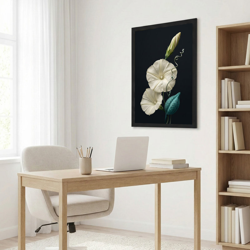 «White Morning Glory», fleurs et sarcelle sur toile noire, 18"H x 12"W