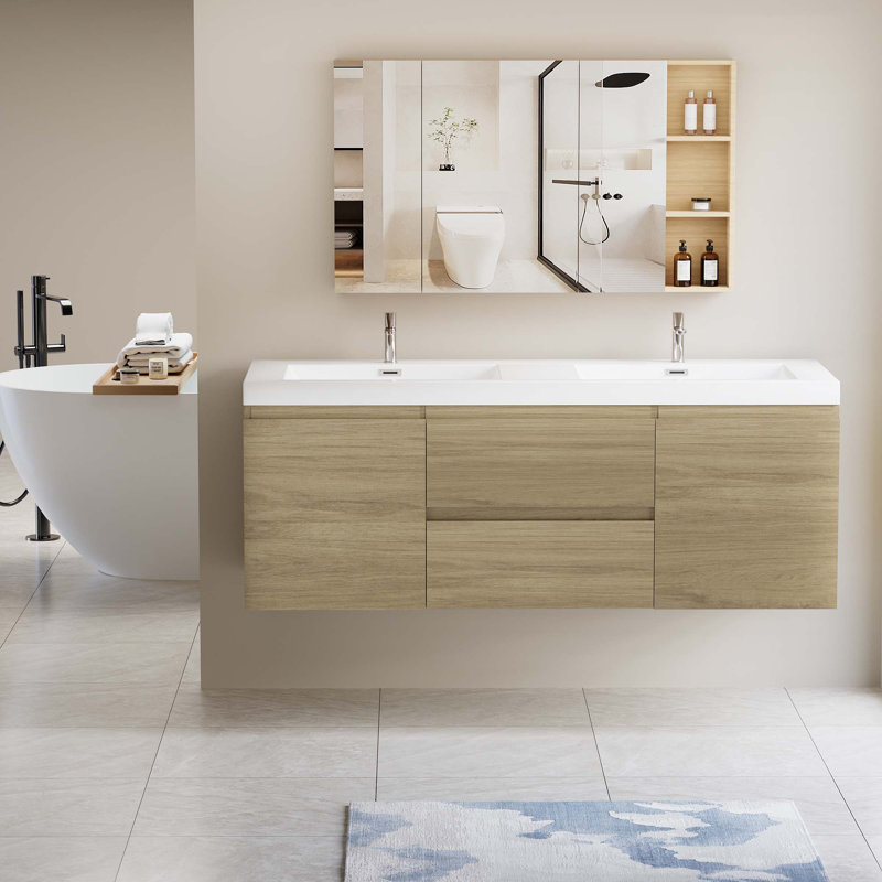 Meuble-lavabo flottant 60 po avec lavabo, Chêne