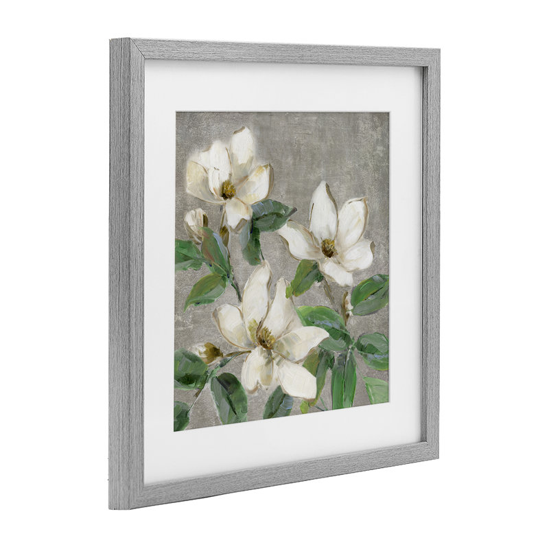 Magnolias ivoire sur fond gris, impression par Sally Swatland, H 16 po x l 16 po, Cadre de ferme gris sous verre Farmhouse