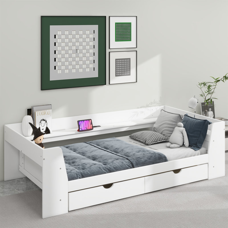 Lit simple en bois Aiham avec tablettes, tiroirs et station de charge intégrée, Blanc