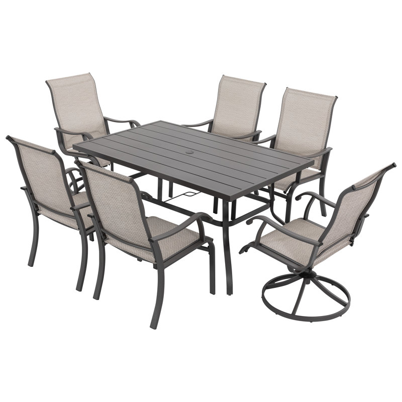 Patio 7 Pieces PVC-coated polyester Dining Set With Swivel Design, Umbrella Hole