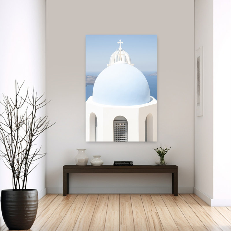 Santorini Blue Dome Traditional Tranquil Abstract Architecture Ocean Wall Art Print 1 Piece Wrapped Canvas Wall Art