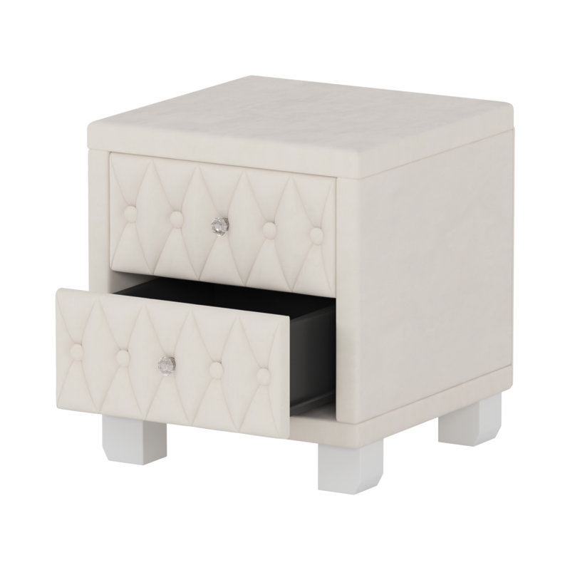 Élégante table de chevet en velours avec 2 tiroirs et poignée en cristal, table de chevet avec capitonnage, Beige