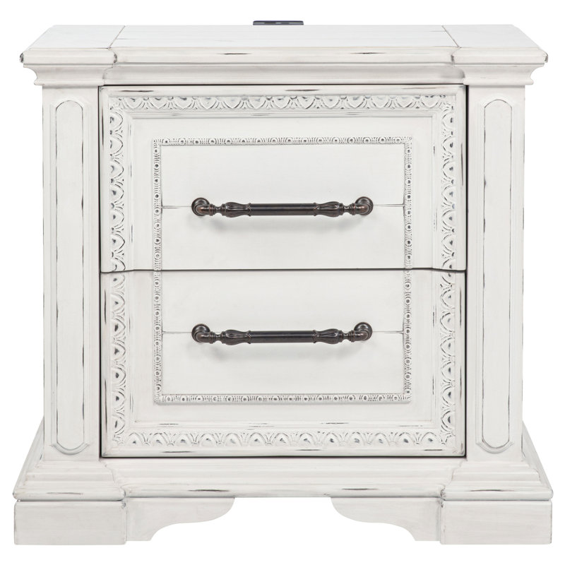 Table de chevet 2 tiroirs Mckinney avec double USB rétro blanc