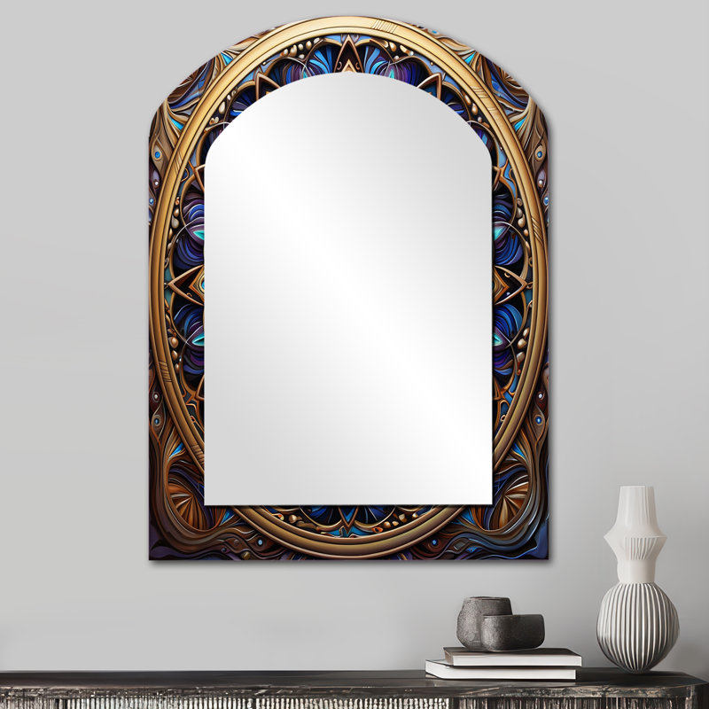 Rétro floral doré mandala magique II - miroir unique de forme irrégulière mandala boho, grand miroir mural asymétrique bleu, impression d'art en métal