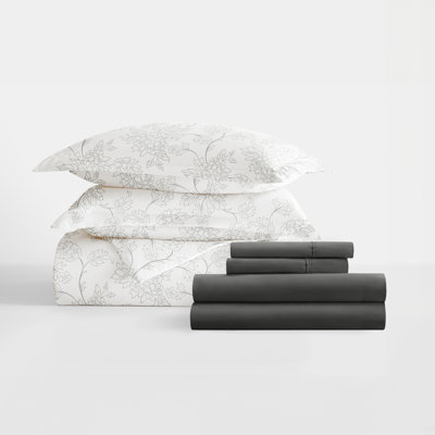 Ensemble de literie réversible 8 pièces - Housse de couette à motif, insert d'édredon et ensemble de draps unis