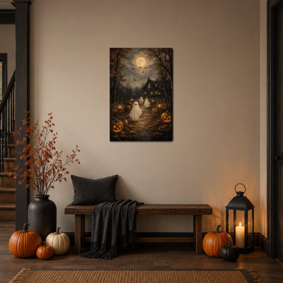 GUTTATY, art mural sur toile d'Halloween, maison hantée, fantômes mignons, fantômes, chauves-souris, citrouille, œuvre d'art, rétro, sorcière gothique, lune, peinture, pour salon, chambre à coucher, salle de bain, 20 x 30 pouces