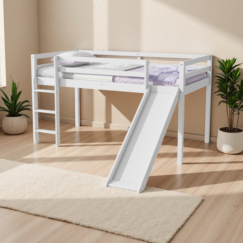 Twin Low Loft Bed With Slide, Ladder, Safety Guardrails, White