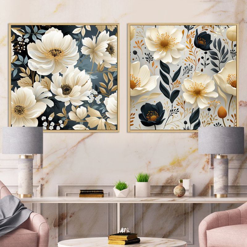 Portneuf - Ensemble de 2 collages floraux carrés, Cadre flottant brun, H 36 po x l 73 po