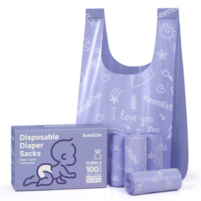 Keenecho Disposable Diaper Bags With Handles | 100 Count (4 Rolls) | Ocean Recycled Plastic | Leak-Proof Unscented | Diaper Trash Bags & Sacks For Baby & Pet Wast