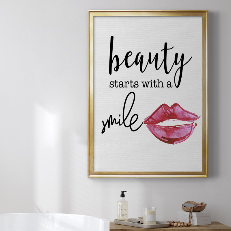 «Beauty Starts With A Smile», toile encadrée de qualité supérieure - prête à être accrochée, Or, L 30,5 po x H 42,5 po