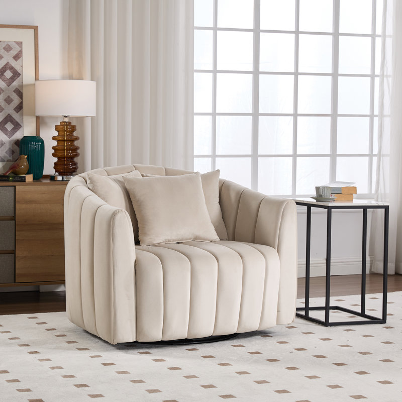 Upholstered Swivel Barrel Armchair, Beige Velvet