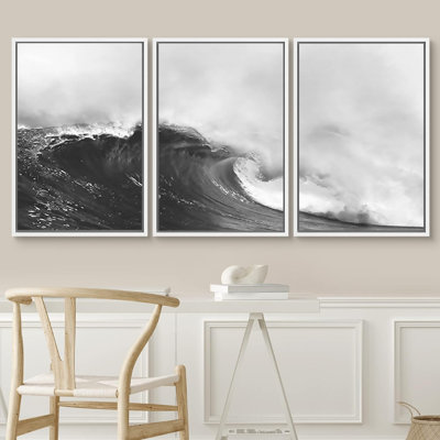 Coastal Beach Black and White Nautical Ocean Beach Waves Neutral Framed Canvas 3 Pieces Print Large Wall Art