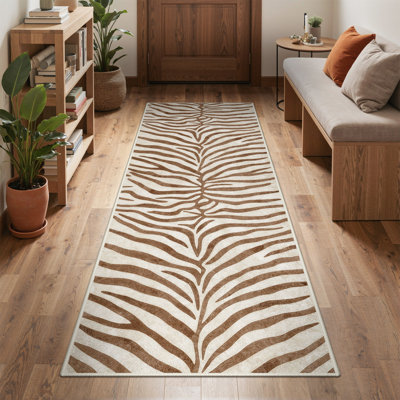 Machine Washable Animal Print Ivory / Beige Area Rug With Non-Slip Backing