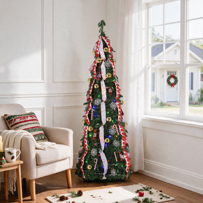 Arbre de Noël escamotable illuminé de 6 pi, pré-décoré avec 100 lumières blanches et colorées, arbre de Noël artificiel pliable avec télécommande, réglage de la luminosité, minuterie, 11 modèles, décoration de Noël