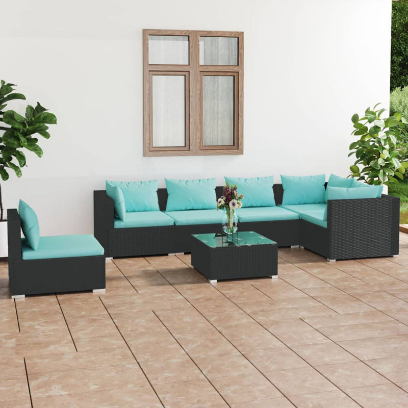 7 Piece Lounge Sofa Seating Group, Water blue, Black