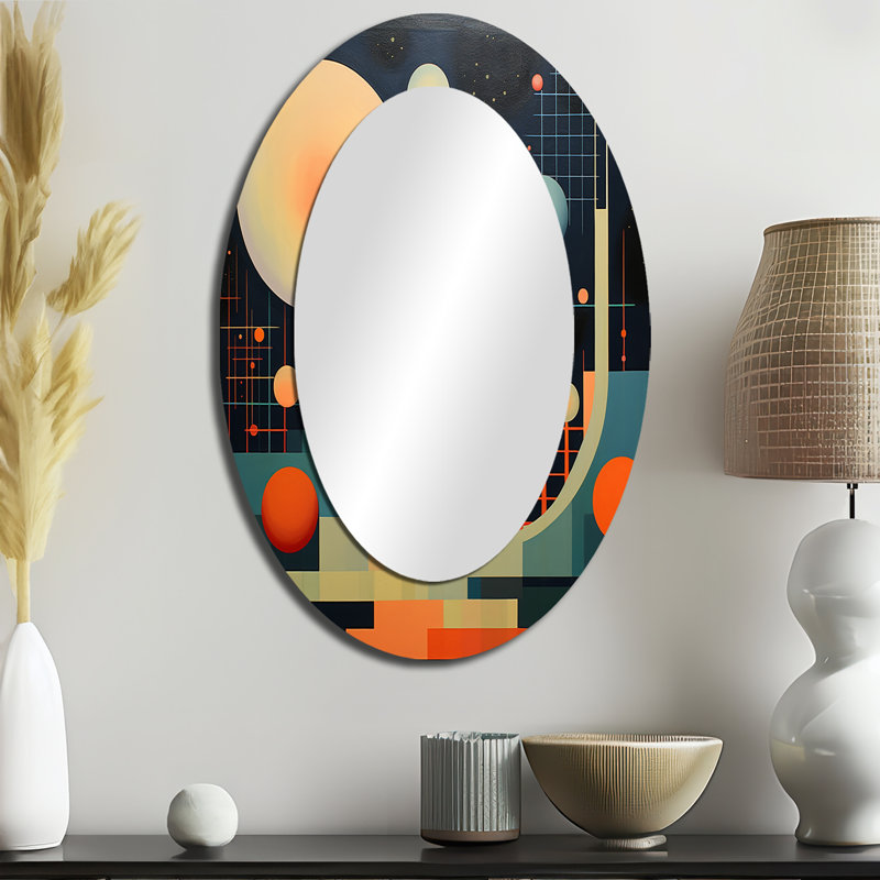 Pleine lune Visions Mid-Century abstrait géométrique - grand miroir mural ovale sur métal, 36 po x 24 po