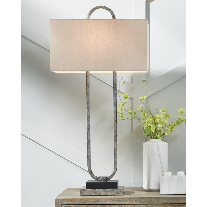Antique Silver Geometric Metal Table Lamp with Beige Shade