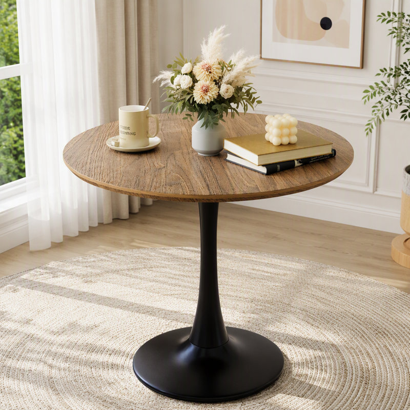 Table de salle à manger ronde avec base à piédestal, Walnut+black