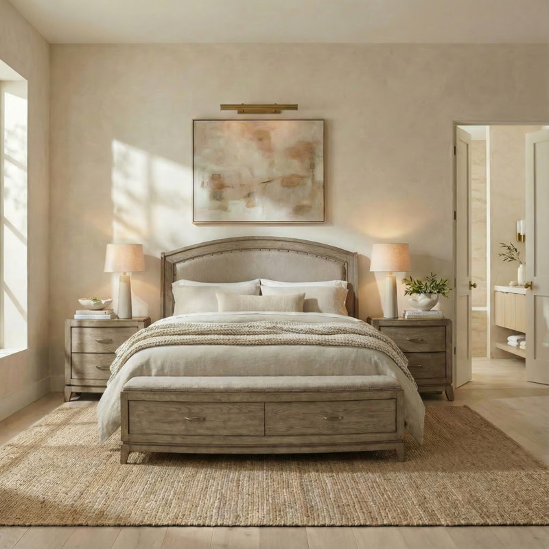 Ensemble de chambre avec lit tapissier et deux tables de chevet Drelan, Très grand, Marron clair