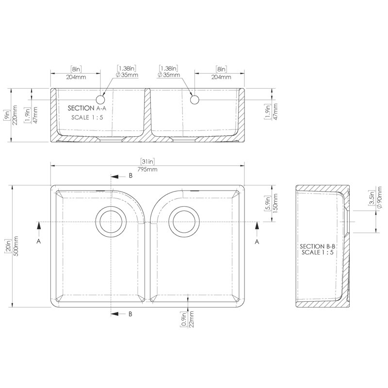 Double Bowl Belfast Kitchen Sink, 0 hole