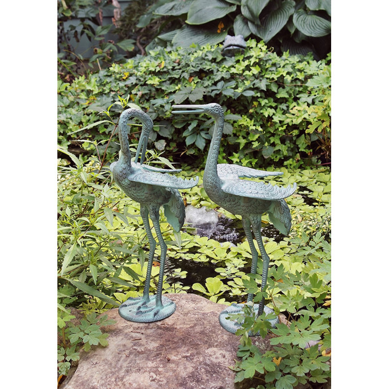 Antique Verdi Aluminum Preening Crane Pair Garden Statues