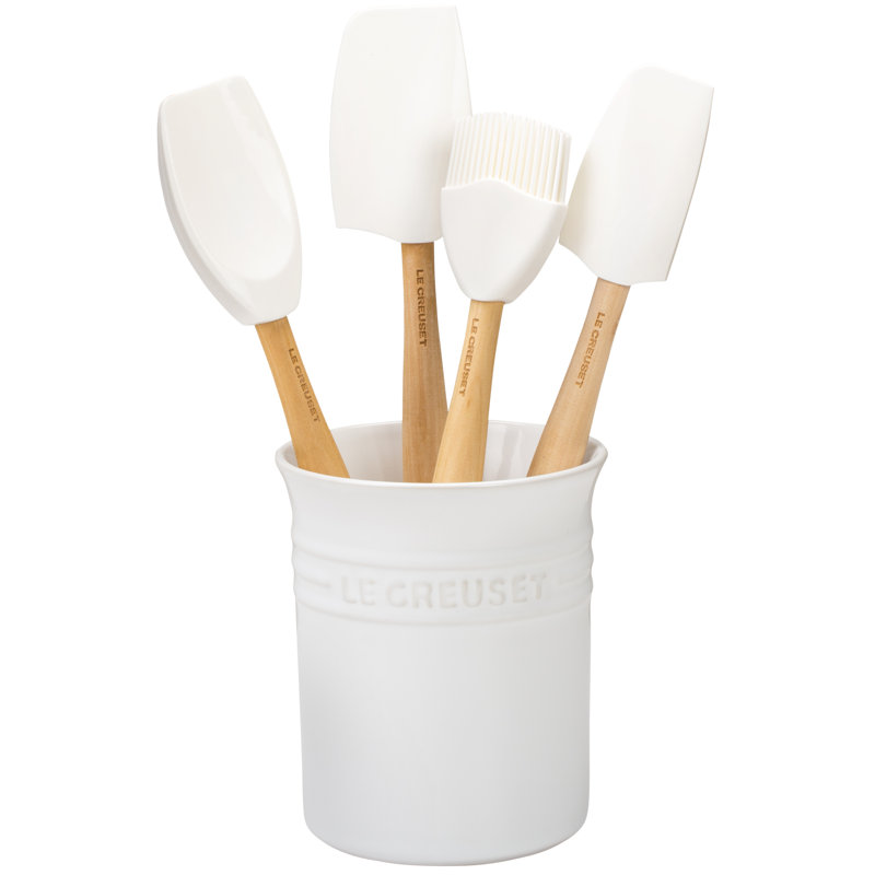 White Silicone 5-Piece Utensil Set with Stoneware Crock