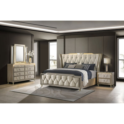 4-Pieces Bedroom Sets,Mid-Century Modern  Bed, One Nightstand, One Dresser, and One Dresser Mirror
