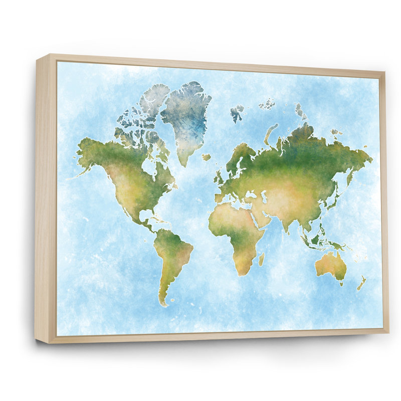 Carte du monde en vert et bleu - Cadre photo, impression sur toile, H 12 po x l 20 po x P 1,5 po, Cadre naturel flottant
