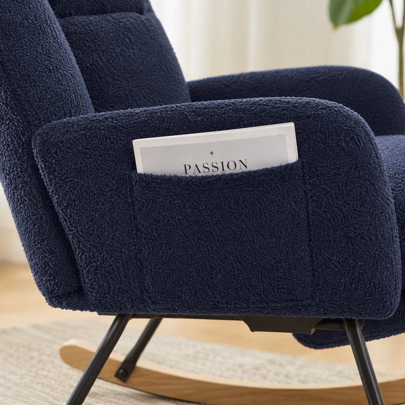 Ensemble chaise berçante à oreilles et repose-pieds en tissu Teddy bleu foncé, chaise d'allaitement pour bébé avec rangement latéral