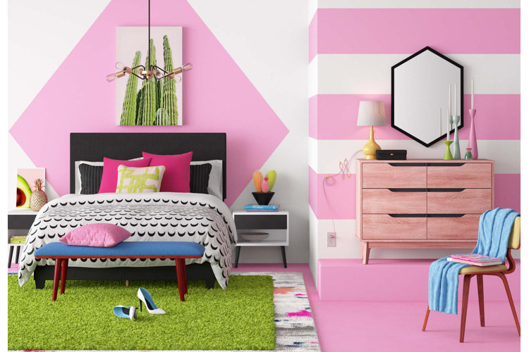 bubblegum pink painted bedroom with lovely decor and bedding
