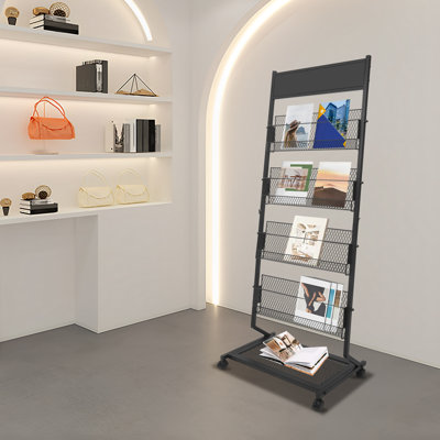 Magazine Display Stand Floor Standing Magazine Rack Brochure Display Stand With 4 Wheels