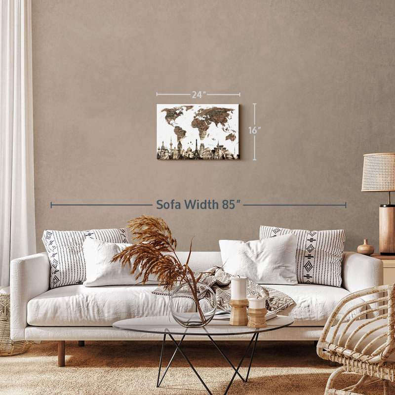 Vintage World Map Canvas Print with Iconic Landmarks