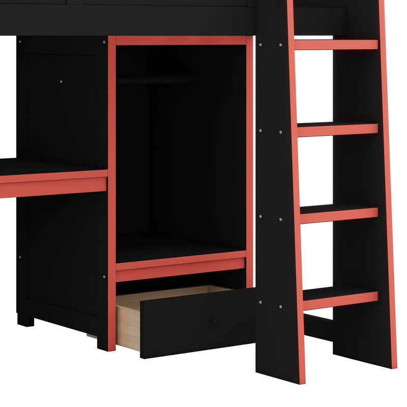 Gaming Loft Bed With Desk & Wardrobe, Wood Twin Loft Bed With Storage Drawer & LED Light, Twin
