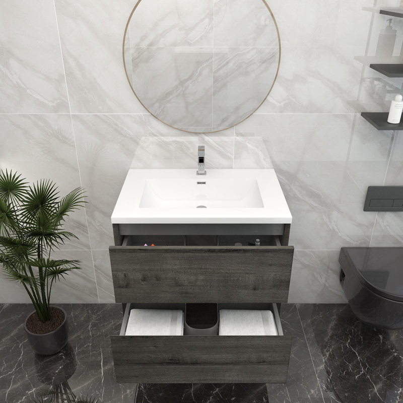 Ensemble de meuble-lavabo mural simple 30 po, Chêne fumé