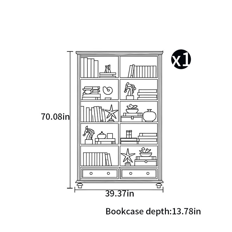 American country style bookcase, (5 Shelves) 70.08"H x 39.37"W x 13.78"D, White