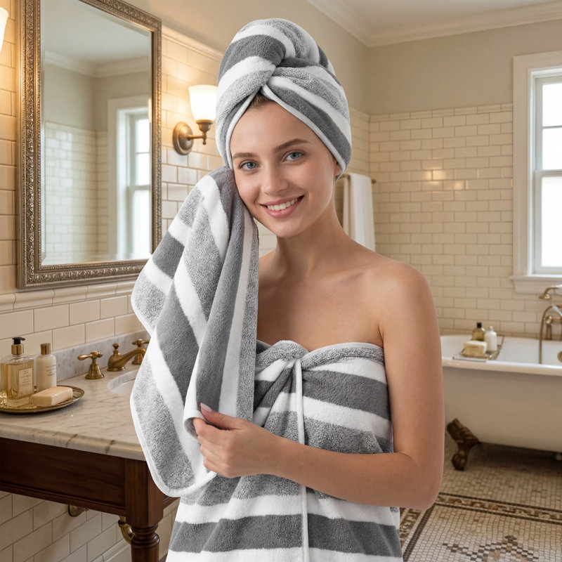 Microfiber Bath Towel Set 6 Pieces, Gray White Striped, 2 Bath 2 Hand 2 Washcloths, Fast Drying