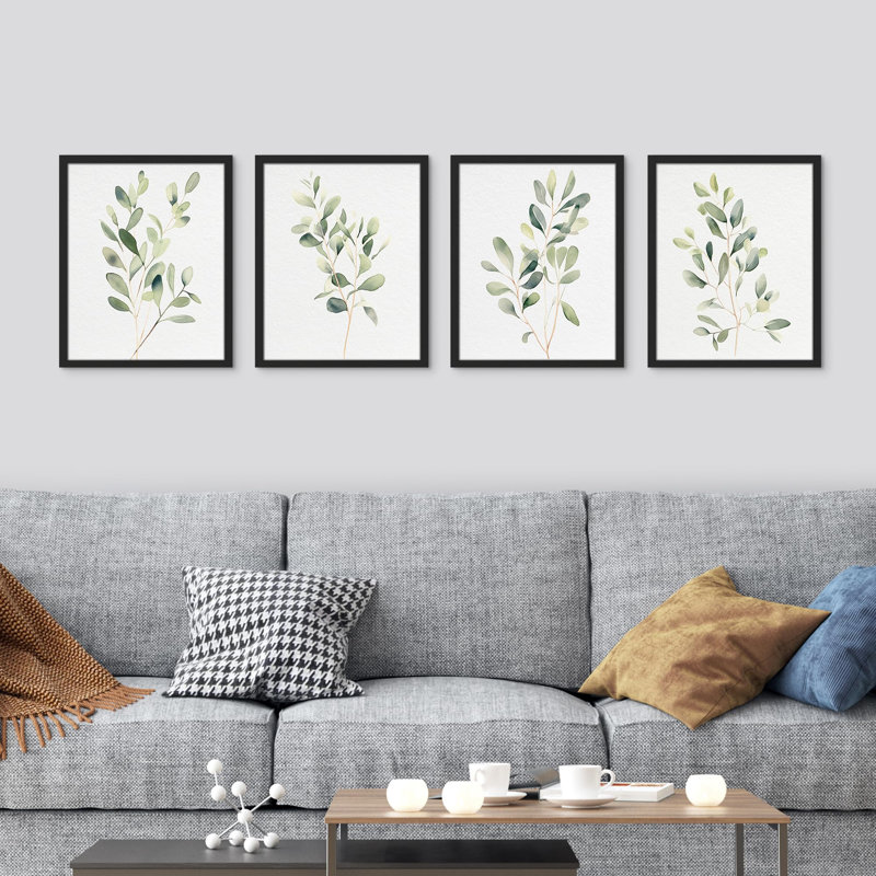 «Green Leaf Floral Botanical Plants», impression sur papier 4 pièces, H 16 po x l 12 po, Noir