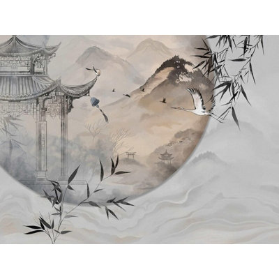 Asian Landscape Crane Bamboo Oriental Wall Mural