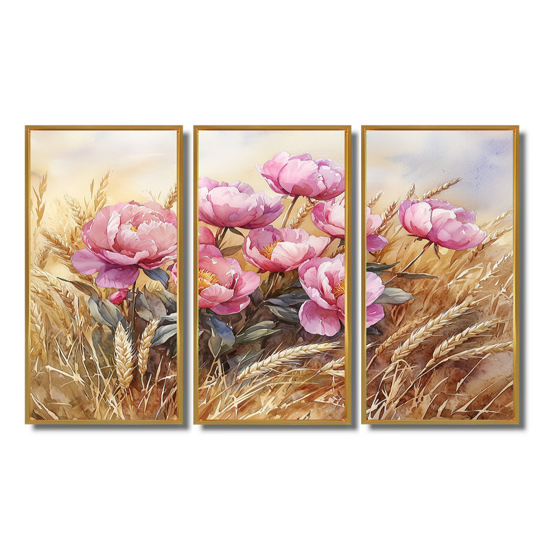 Pivoines dans le champ de blé II - art mural pivoines - ensemble de 3, H 28 po x l 36 po, Doré