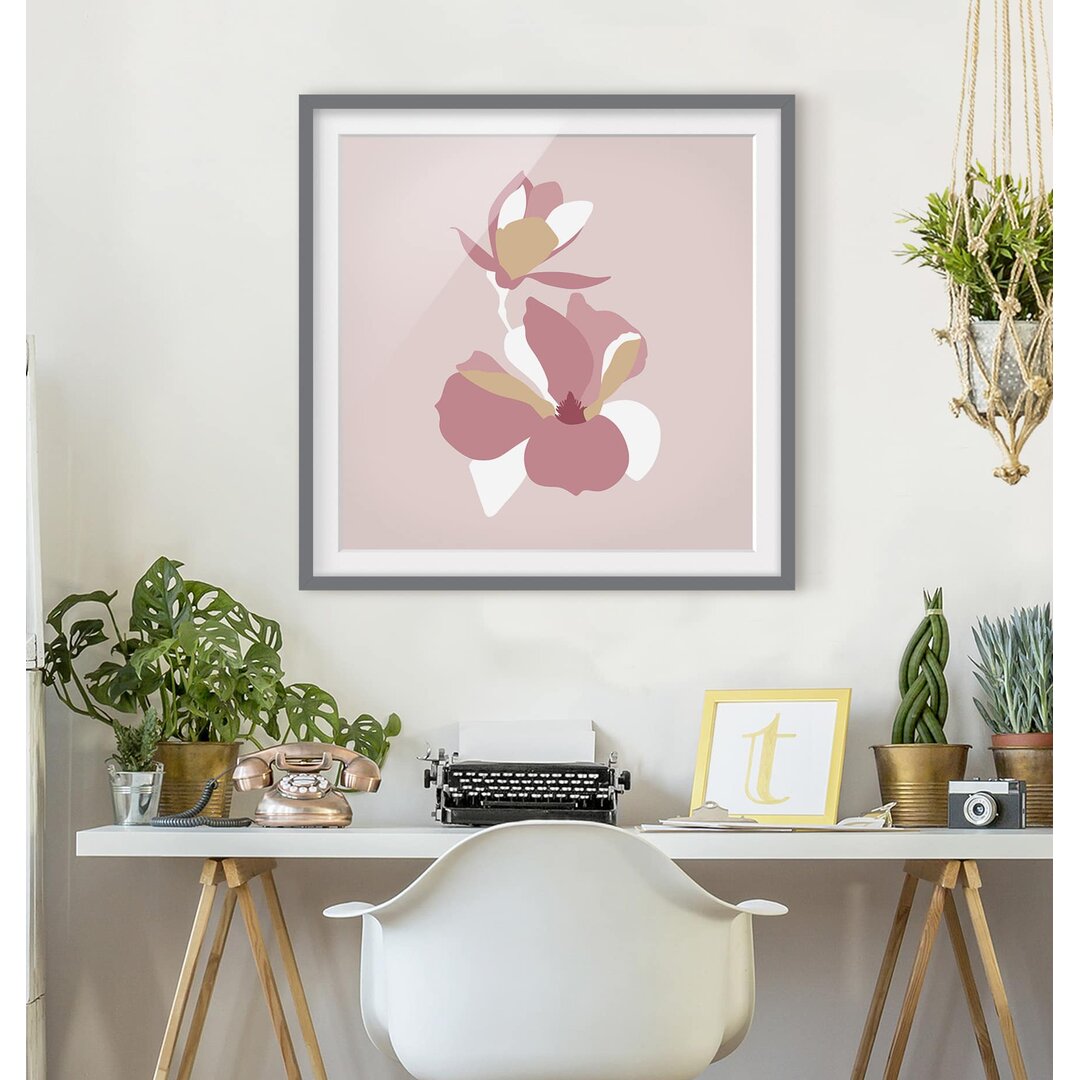 Gerahmtes Poster Line Art Flowers Pastel Pink