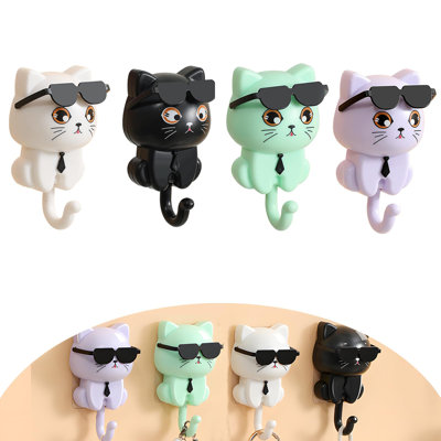 Ensemble de crochets muraux mignons pour chat, porte-clés et porte-manteau anti-perforation (noir, blanc, vert, mauve) - Rangement pour chapeaux, serviettes, foulards, sacs