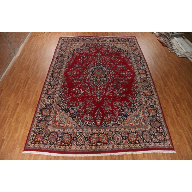 Grand tapis persan rouge à motif floral Mashad noué à la main 11 x 16