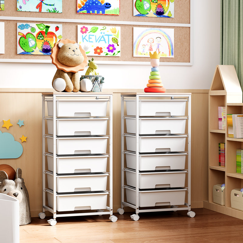 Rolling Storage Drawers with Wheels ,Utility Cart with 6 Large Drawers and Wooden Tabletop, White