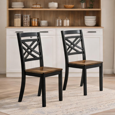 Ensemble de 2 chaises d'appoint en bois noir mat et brun mat, siège de ferme moderne, bois massif, conception à dossier en X