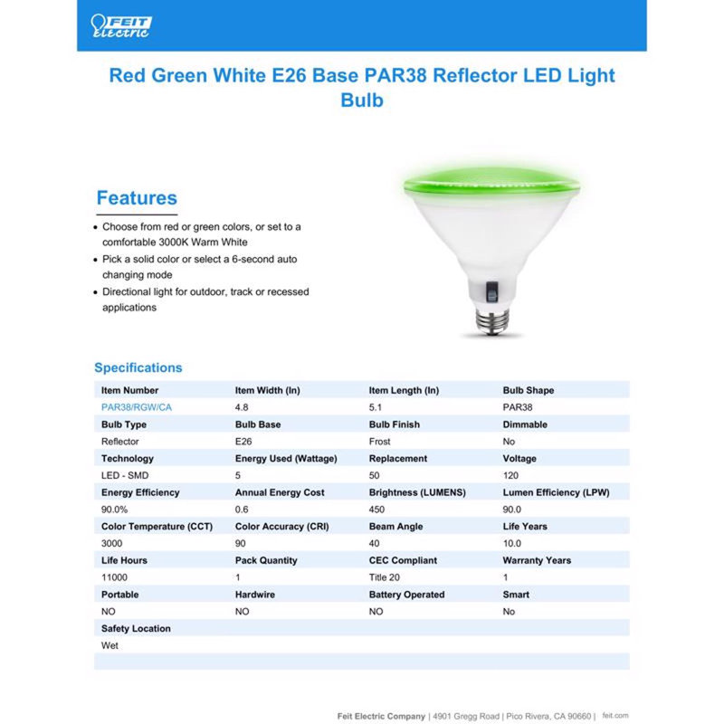 Feit PAR38 E26 (Medium) LED Bulb Color Changing 6 Watt Equivalence 1 pk