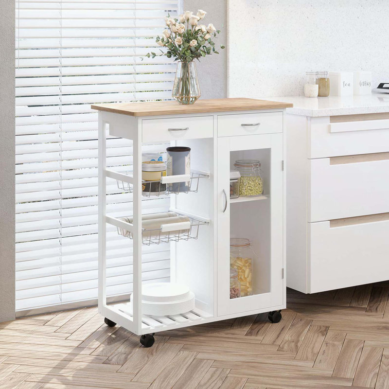 Îlot de cuisine 28 po avec rangement, chariot de cuisine avec plateau en bambou massif, panier grillagé, armoire de porte et tiroirs, blanc