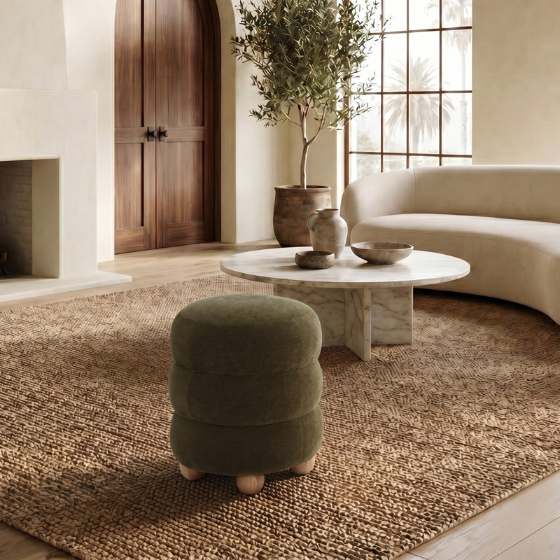 Vincente Dalisha 17" Round Ottoman, Natural, Dark Olive Green Velvet